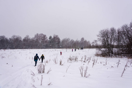 一群游客正穿过雪原图片