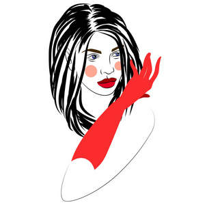 带有红色手套标志肖像的漂亮发型女孩的矢量插图