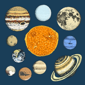 太阳系中的行星。月亮和太阳, 水星和地球, 火星和金星, 木星或土星和冥王星。天文星系空间。刻在旧素描, 老式风格的标签手绘