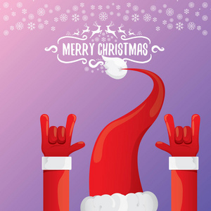 矢量卡通摇滚 n 滚圣诞老人与书法的问候文字在夜间紫罗兰背景与雪花。圣诞摇滚派对海报设计