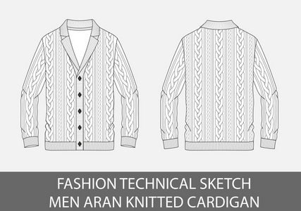时尚技术素描男子针织Aran单胸羊毛衫矢量图形。