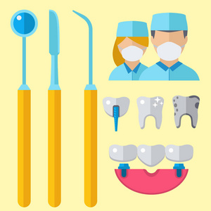 牙科医生字符与口腔医学仪器仪表矢量图解