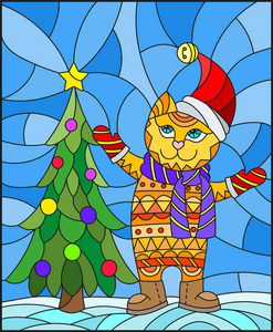 彩色玻璃的插图与滑稽的猫在圣诞老人的帽子和圣诞树上的背景下的雪和天空