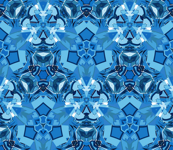 蓝色万花筒无缝图案。 由位于白色背景上的抽象形状组成。 作为纹理图案和艺术作品的设计元素是有用的。