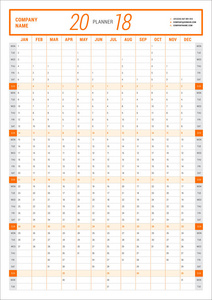 年度挂历规划师模板2018年。矢量设计打印模板。星期从星期一开始。纵向方向