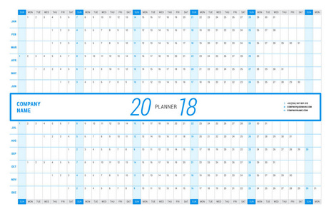 年度挂历规划师模板2018年。矢量设计打印模板。星期从星期日开始。景观定位