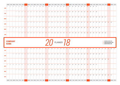 年度挂历规划师模板2018年。矢量设计打印模板。星期从星期一开始。景观定位