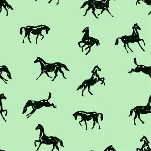 图案与剪影马在各种姿势和运动。 无缝矢量背景与手绘马。 黑色的绿色英格兰马术运动传统风格的时尚面料。