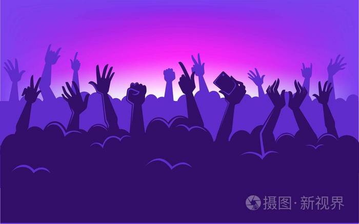 人类的剪影举起双手,用五颜六色的霓虹灯在音乐会卡通平面矢量插图中