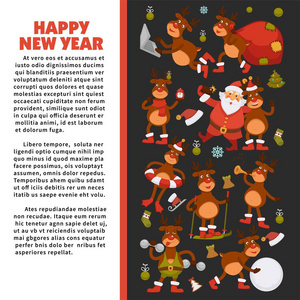 圣诞快乐，新年快乐，2018年驯鹿卡通有趣的人物海报庆祝节日。 圣诞老人礼帽中的狗的贺卡，圣诞树装饰和雪橇上的礼品袋