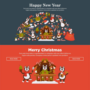 新年快乐2018或圣诞网页横幅设计模板狗年。 圣诞树饰及圣诞圣诞老人帽子内狗卡通形象的冬季节日标志