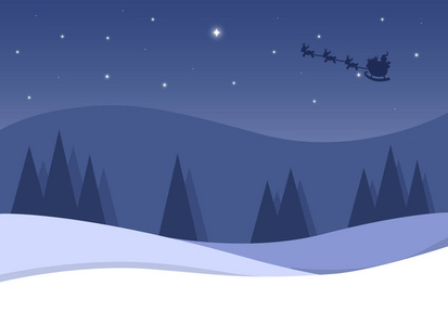 卡通雪星般的圣诞夜和圣诞老人与他的鹿在天空平面矢量插图