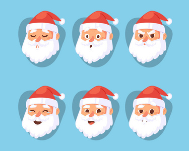 圣诞老公公头情感面孔矢量表达人物构成插图 emojji 圣诞男子红色传统服装和圣诞老人帽子