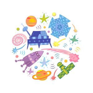 五颜六色的手绘宇宙飞船, 火箭, 流星, 行星和彗星排列在一个圆圈照片