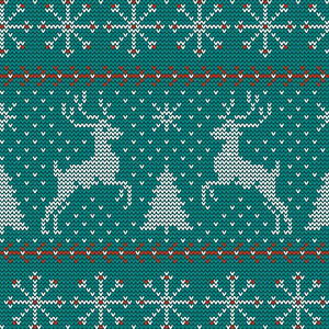 无缝圣诞节北欧针织矢量图案冷杉树, 雪花, 鹿, 雪和装饰条纹