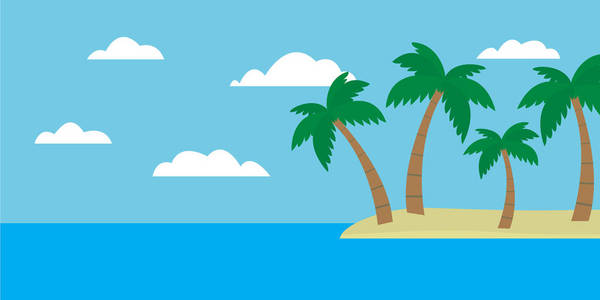 热带海岛的卡通五颜六色的看法在蓝色海的中部在晴朗的天空下与海滩和棕榈在夏天天, 适合假日卡片媒介