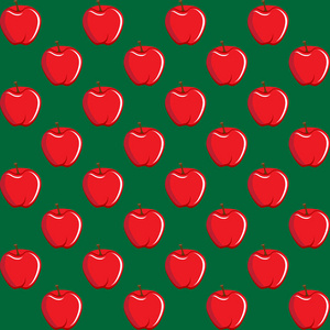 苹果果实轮廓抽象无缝图案在绿色背景上。可在高分辨率jpeg中提供几种大小和可编辑的EPS文件，可用于壁纸图案网页博客表面