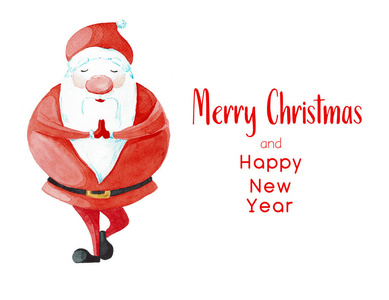 卡通圣诞老人的瑜伽姿势之一。白色背景上孤立的彩色水彩画。圣诞和新年的明信片。