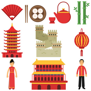 寿司, 扇子, 灯笼, 中国建筑, 长城, 青竹, 茶壶和茶杯, 传统服装.