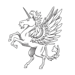 带有翅膀的纹章独角兽, 单色风格照片