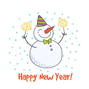 手绘新年贺卡与可爱有趣的卡通雪人手持火花设计庆祝照片