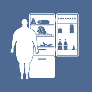 胖子站在冰箱里, 满是食物。有害的饮食习惯