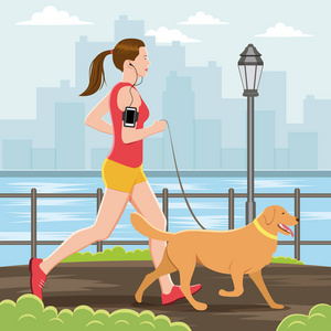 女人和她的狗一起跑步