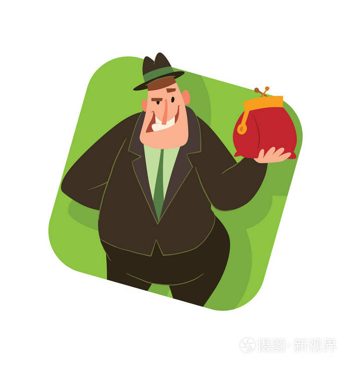 方形框架滑稽的肥胖资本家与厚实的钱包