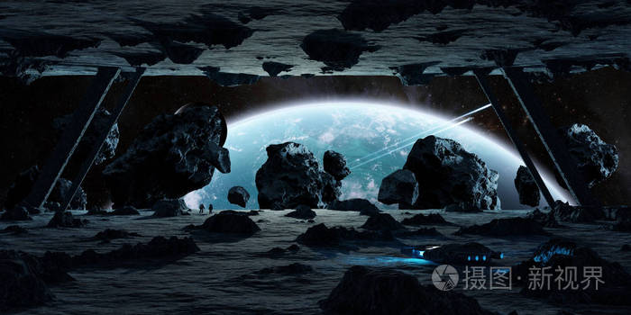 宇航员探索小行星宇宙飞船3d渲染元素