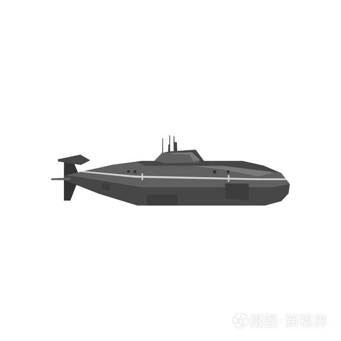 军用潜艇水下运输.黑色的海军车辆.平面矢量图.侧面视图.