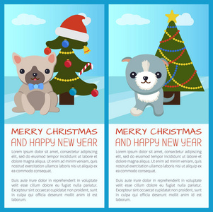 快乐的圣诞犬组矢量插图