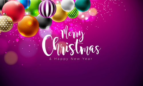 矢量圣诞插画与彩色观赏球在闪亮的紫罗兰背景。新年快乐贺卡海报横幅的设计