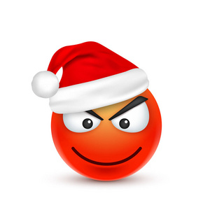 笑脸, 表情。红表情, 脸上带着情感和圣诞帽。新年, 圣诞老人, 冬天悲伤, 快乐, 愤怒的面孔。有趣的卡通人物。心情.矢量