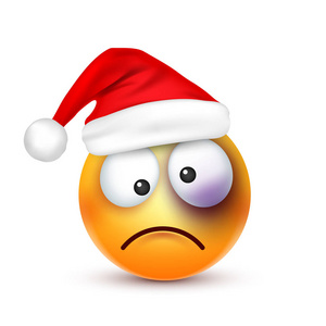 笑脸, 表情。黄色的表情, 脸上带着情感和圣诞帽。新年, 圣诞老人, 冬天悲伤, 快乐, 愤怒的面孔。有趣的卡通人物。心情.矢量