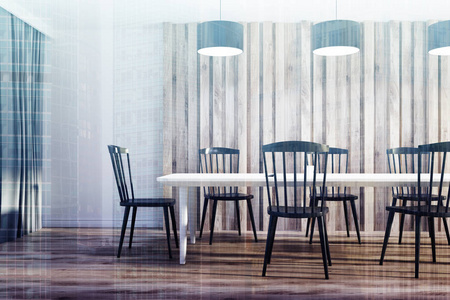 白色和木制的饭厅, 黑色的椅子色调