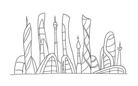 发明的城市梦幻般的难以置信和乌托邦摩天大楼的高层建筑草图。手绘矢量股票插图。未来的建筑景观。外星文明