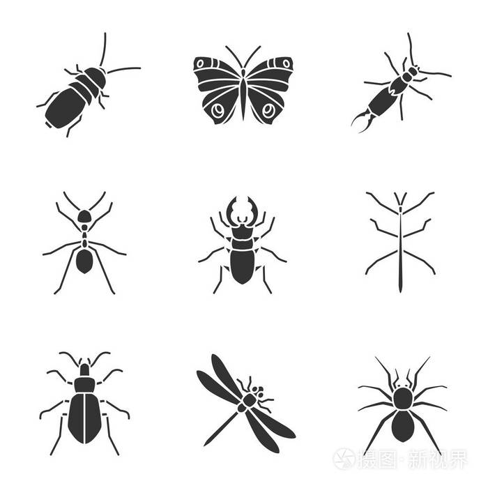 昆虫字形图标设置黑灵甲虫蝴蝶耳鹿和地虫沙质蚂蚁蜻蜓蜘蛛剪影符号