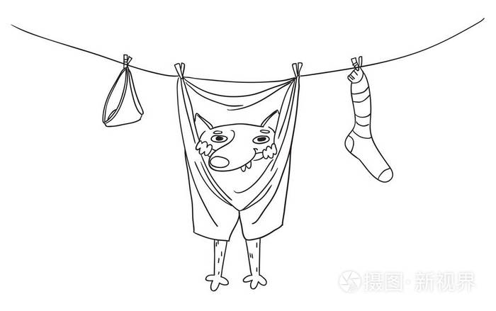 插画 滑稽的狗挂在裤子上的衣服烘干机绳.手绘 vec.eps