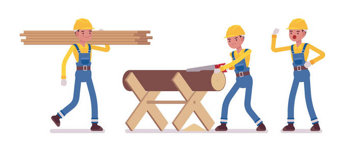 木材和木材切割的男性工人组