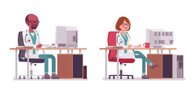 男性和女性医生在办公桌前工作的计算机