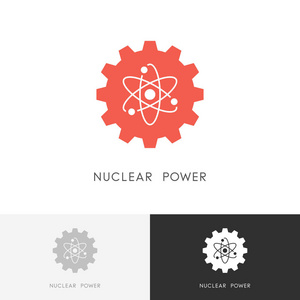 核电标志原子和齿轮轮或小齿轮符号。 原子能工业和生态矢量图标。