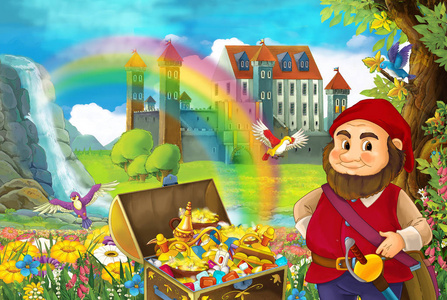 卡通画面中有美丽的溪流彩虹和宫殿在背景中，小矮人站在隐藏的家附近，在老树上，停着装满宝藏和儿童微笑的插图的胸膛。