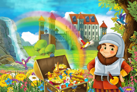卡通画面中有美丽的溪流彩虹和宫殿在背景中，小矮人站在隐藏的家附近，在老树上，停着装满宝藏和儿童微笑的插图的胸膛。