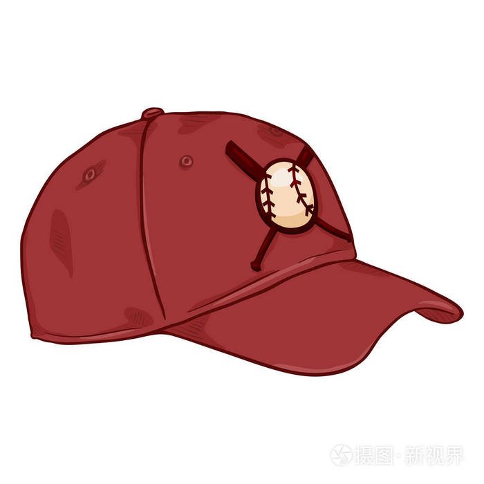 带有棒球标志的卡通经典红色棒球帽侧面视图