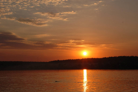 夏季景观夕阳下的湖泊。