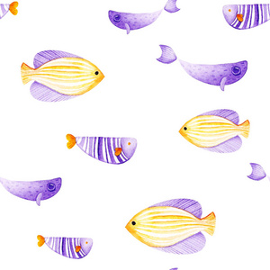 水彩不同的鱼图案。紫外线和金色的颜色。儿童设计, 打印或背景