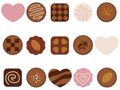 白色背景上排列的一组各种巧克力图标。