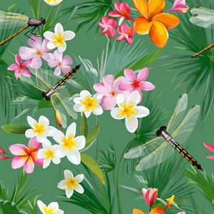 热带花卉无缝模式与蜻蜓。植物背景与棕榈树叶子和异国情调的花朵壁纸和面料。矢量插图