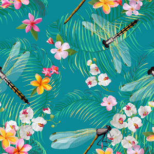 热带花卉无缝模式与蜻蜓。植物野生动物的背景与棕榈树的叶子和异国情调的花朵壁纸和面料。矢量插图