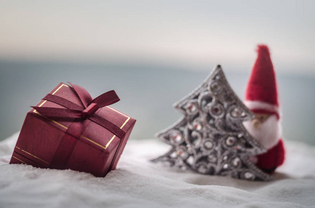 雪上的红色圣诞礼盒和杉树。 圣诞节家庭装饰与雪和树在模糊的背景在白天与复制空间。 选择性聚焦。 新一年的背景属性
